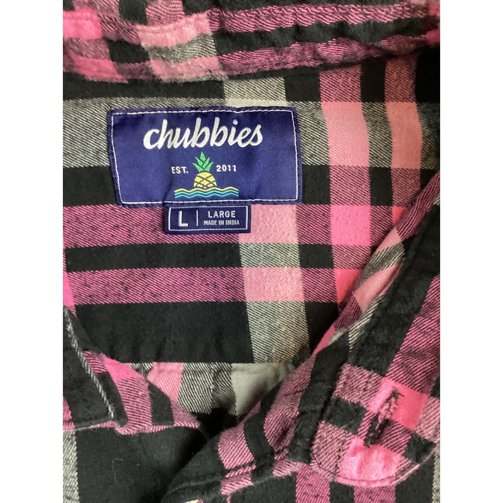 Chubbies Mens Large Flannel Shirt Pink Black Plaid Long Sleeve Button Down L 226